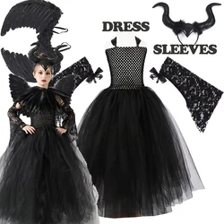 Girls Cosplay Halloween Dark Black Tutu Dress Kids Evil Queen Black Mesh Princess With Wings Shawl Costume 12T