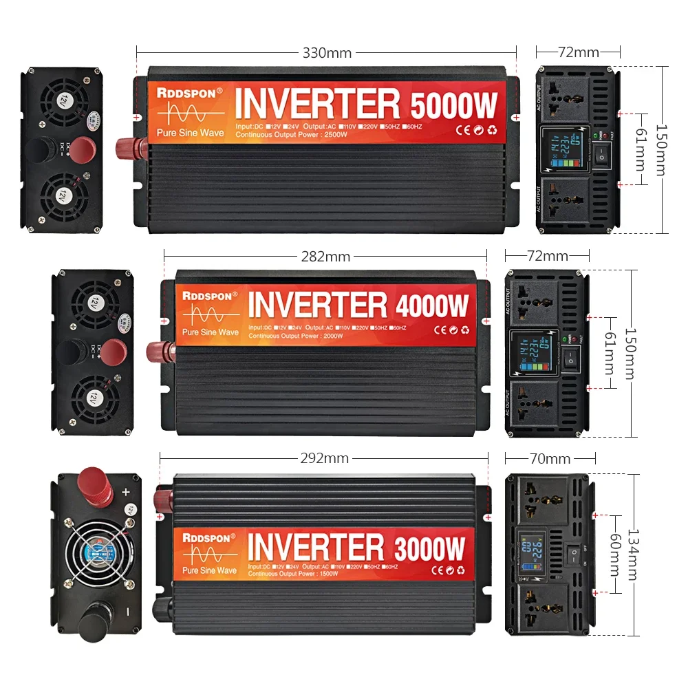 RDDSPON Falownik sinusoidalny 5000W 4000W 3000W Podwójne gniazdo Wyświetlacz LCD DC 12V 24V na AC 220V Konwerter napięcia Zasilacz