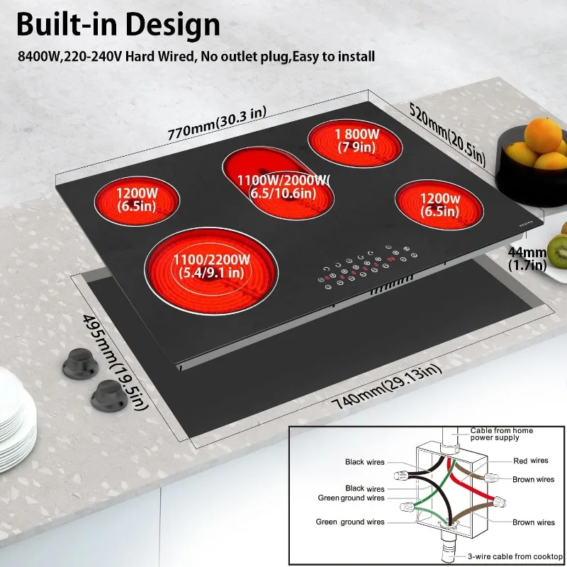 Noxton Cooktop listrik 30 inci 5 pembakar, atasan kompor listrik keramik tanam dengan Sensor kontrol sentuh