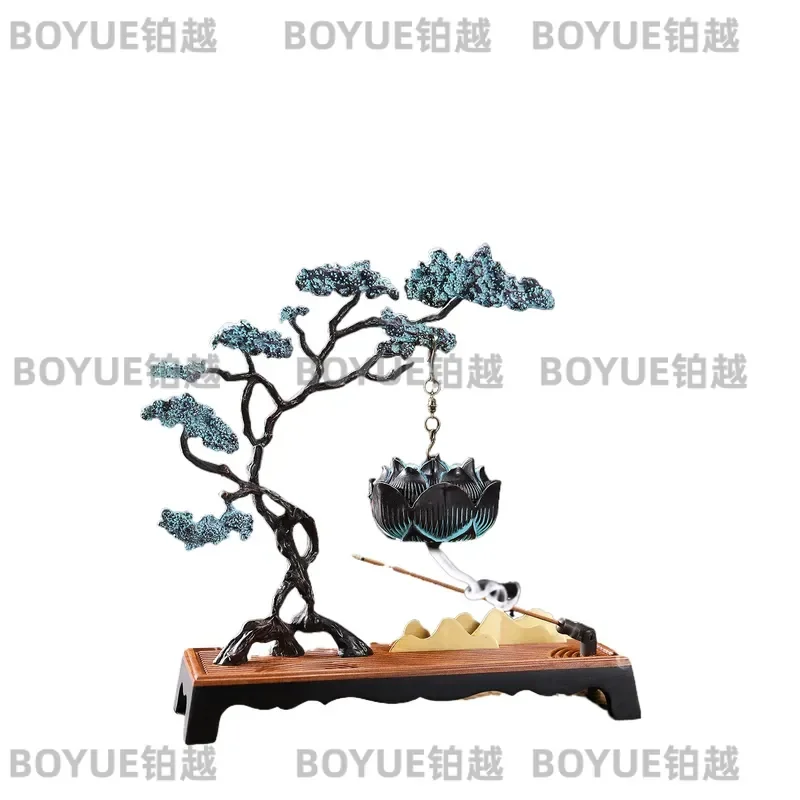 Brass Backflow Incense Burner Tower with Welcome Pine Hanging Ornament for Home Indoor Decor Agarwood Cone Stick Holder Plate