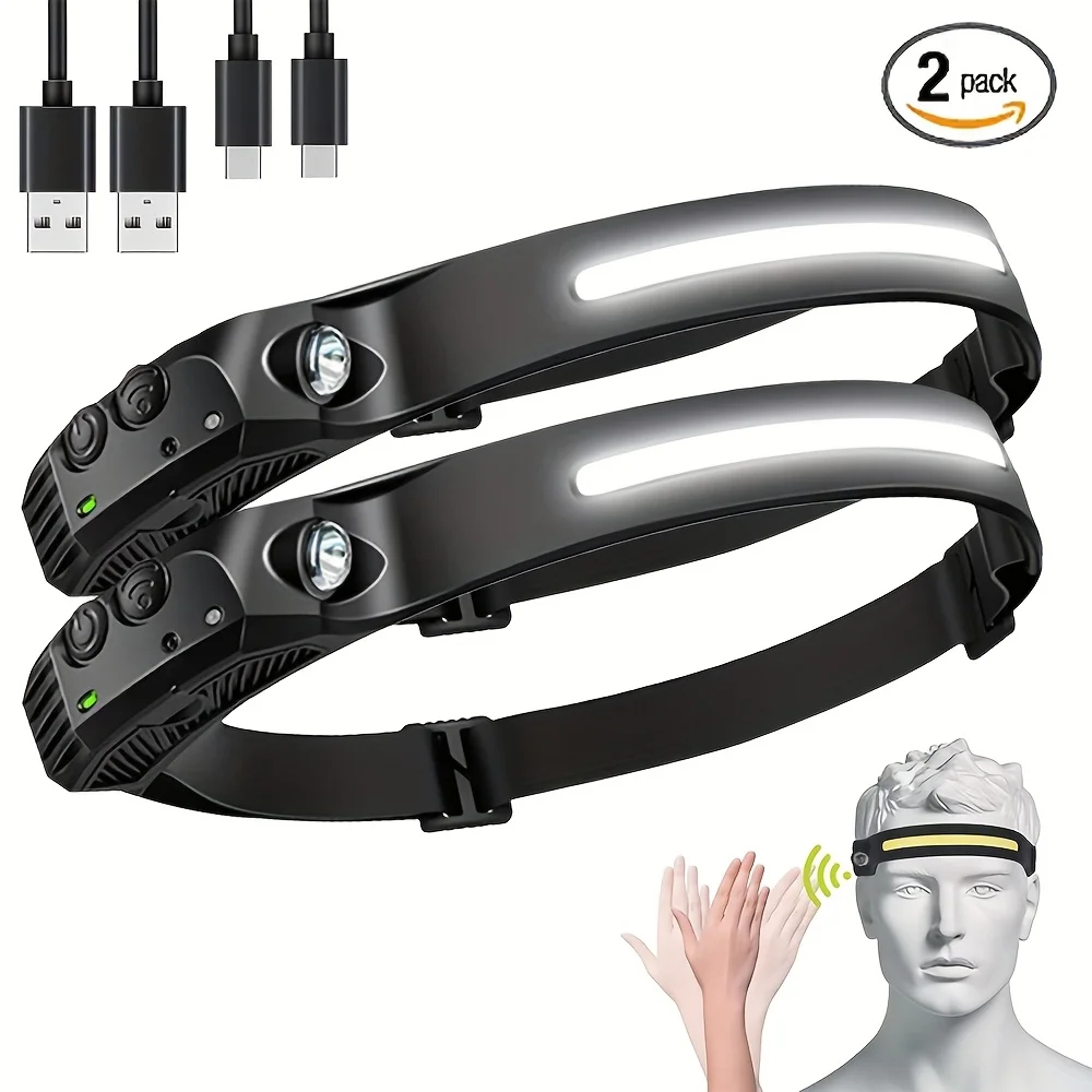 COB LED Sensor Headlamp USB Rechargeable Light with Built in Battery Multiple Lighting Modes Lamp for Outdoor Camping Fishing