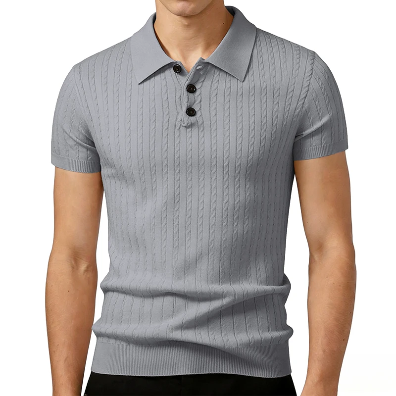 Men's Summer Textured T-Shirts Short Sleeve Lightweight Knit Vintage Striped Breathable Polo Shirts Casual Knitwear