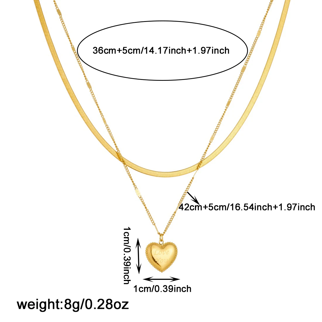 DIEYURO 316L Stainless Steel Golden Heart Carving Love You Choker Double-layer Snake Chain Charm Necklace Lady Classic Jewelry