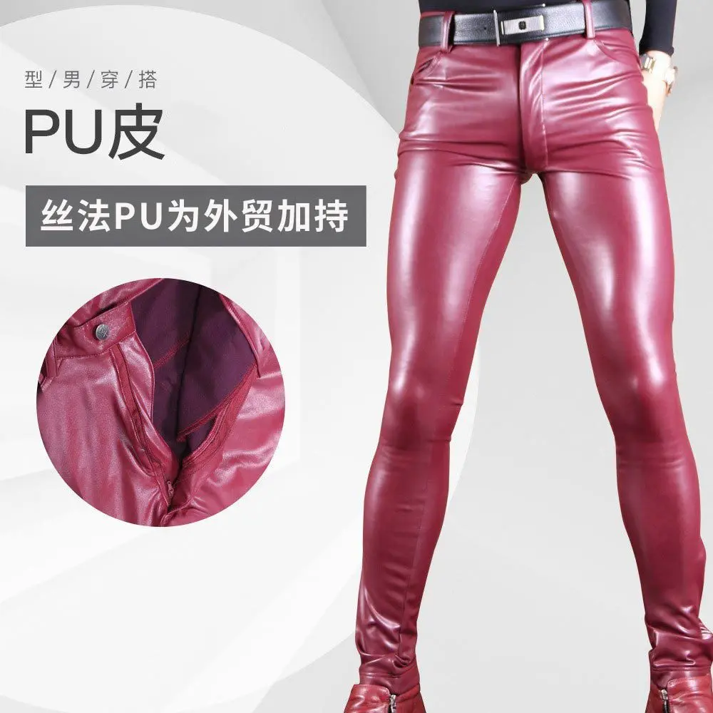 

Men's PU Pants Motorcycle Leather Pants Male Casual Elastic Tight Trousers Pencil Pants Mid Waist Faux Leather Pantalons Winered