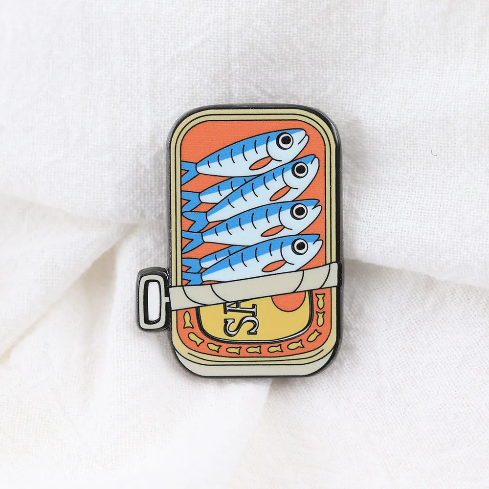 Kreative Sardinen-Dosen-Emaille-Anstecknadel im Vintage-Pop-Art-Stil, lustige Fisch-Brosche, Reversnadel für Damen und Herren, Geschenk für Rucksack