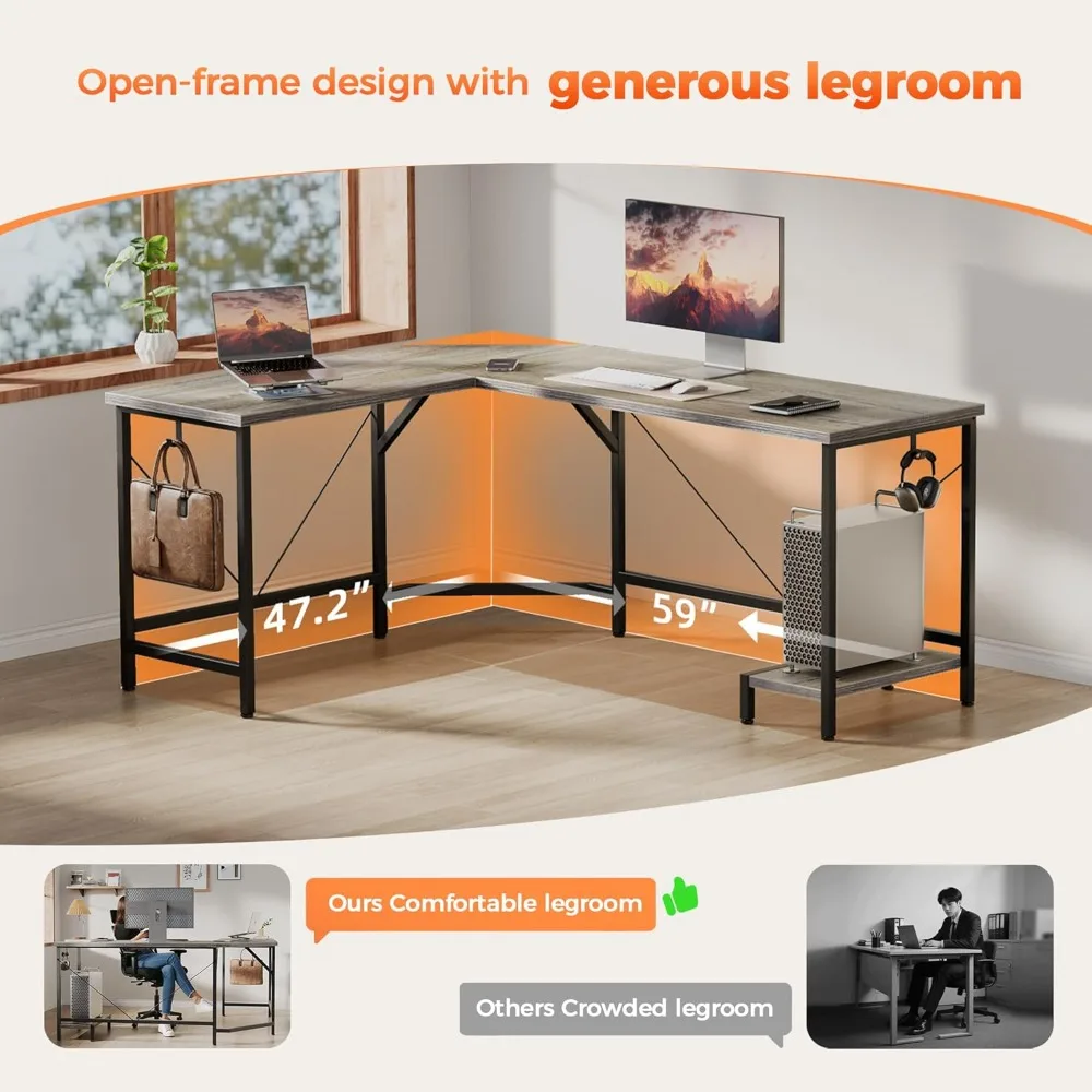 مكتب مكتب منزلي على شكل حرف L، مكتب ألعاب كمبيوتر زاوية 59 بوصة مع حامل وحدة المعالجة المركزية الخشبية، طاولة كتابة للدراسة للعمل المريح أ