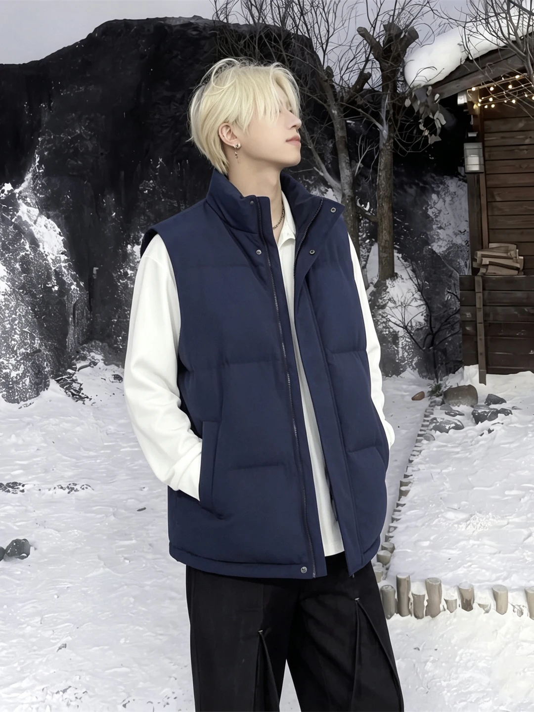 Men's Winter Thickened Warm Stand Collar Sleeveless Vest Loose Casual Large Size All-Match Shoulder Pad Cotton Jacket