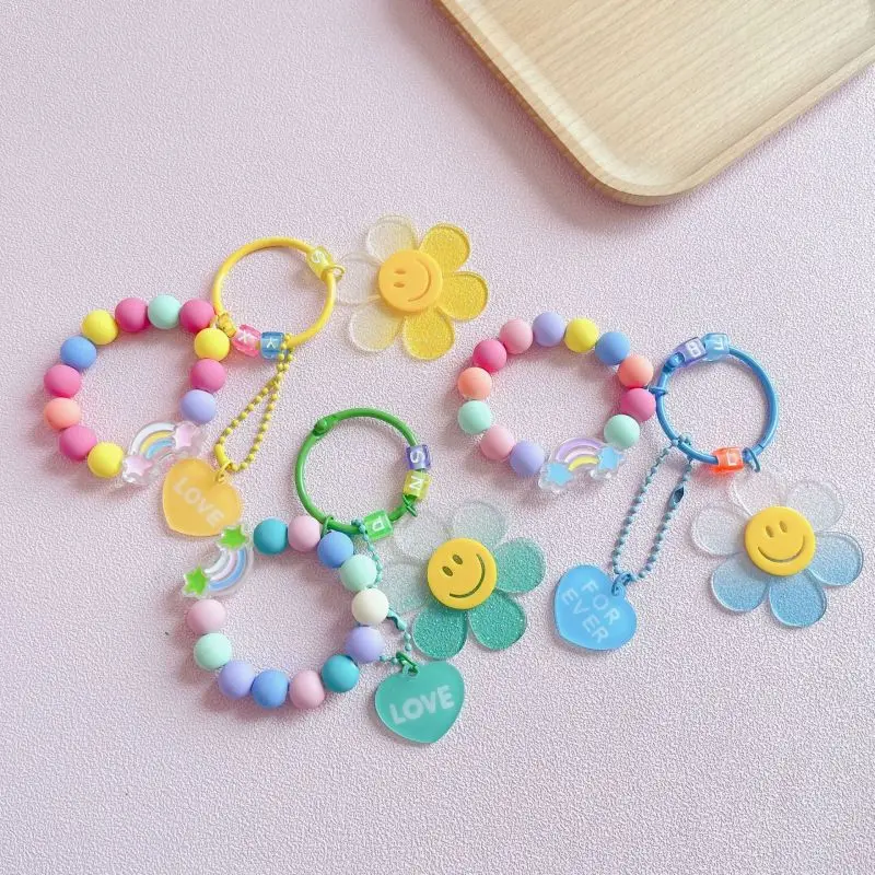 Sweet Acrylic Sunflower Keychains With Beaded Chain Candy Color Flowers Cute Keychain Bag Pendant Kawaii Korean Style Keyrings