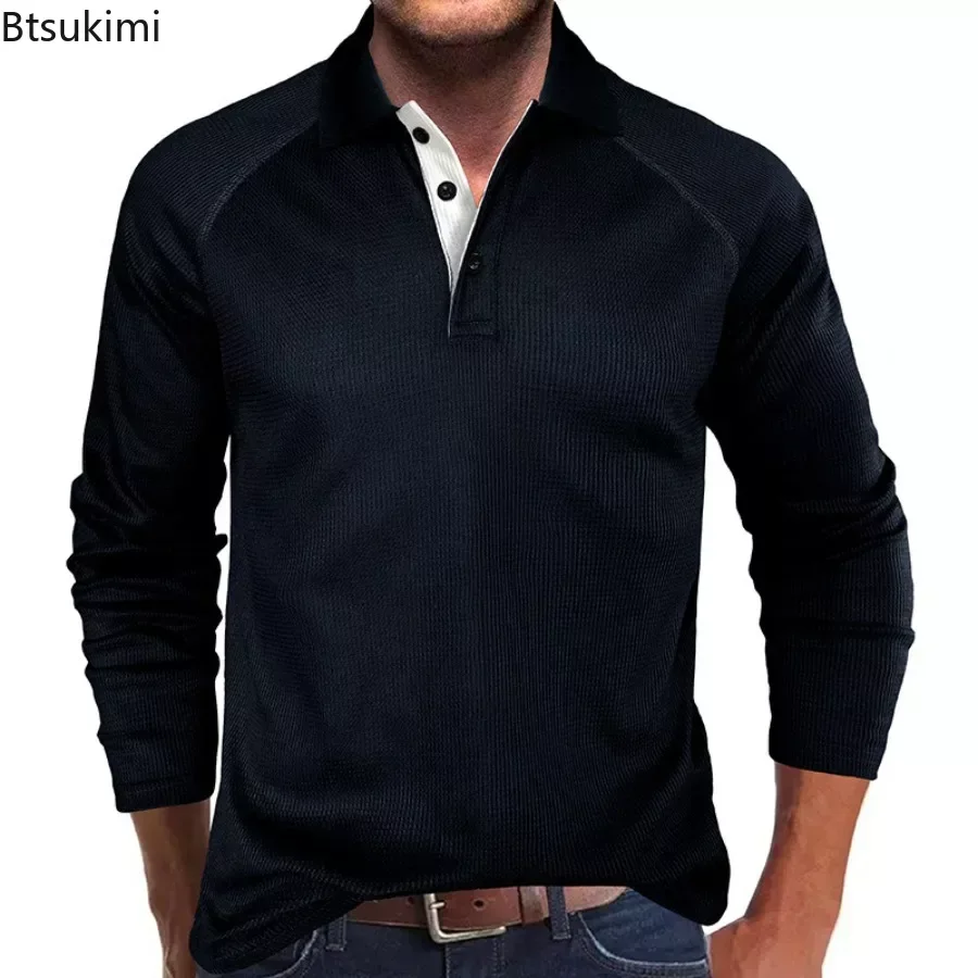 2024 Men's Long Sleeve Polo Shirts Waffle Casual T-shirts Formal Business Golf Man Breathable Tops Solid Versatile Tees for Men