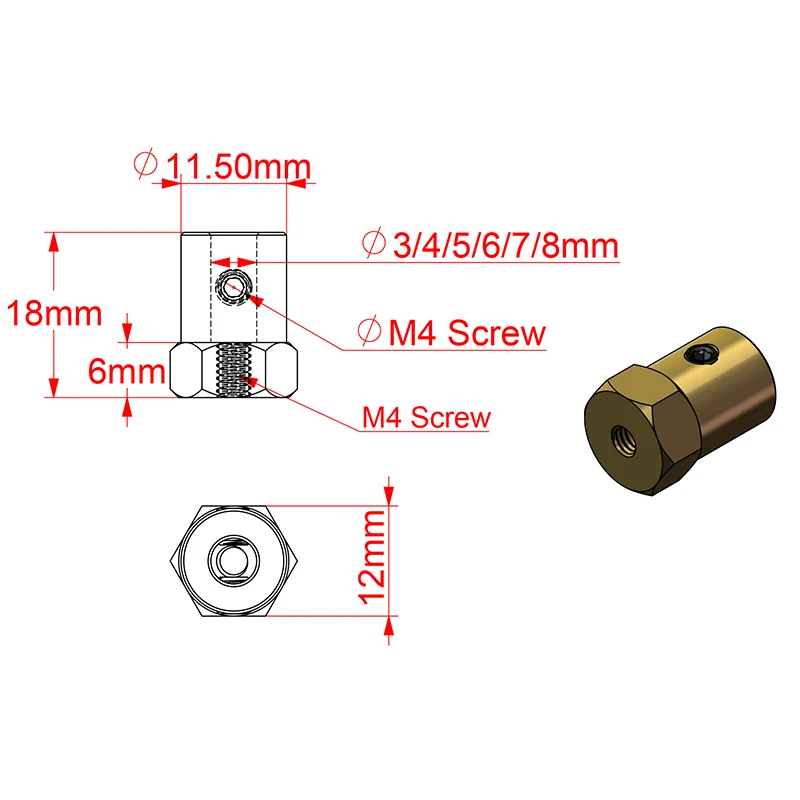 GKTOOLS D12L18 Hex Coupler Brass Tire Connector 2/3/3.17/4/5/6/7/ 8mm Coupling for Decelerate Motor Shaft Robot Smart Car Wheel