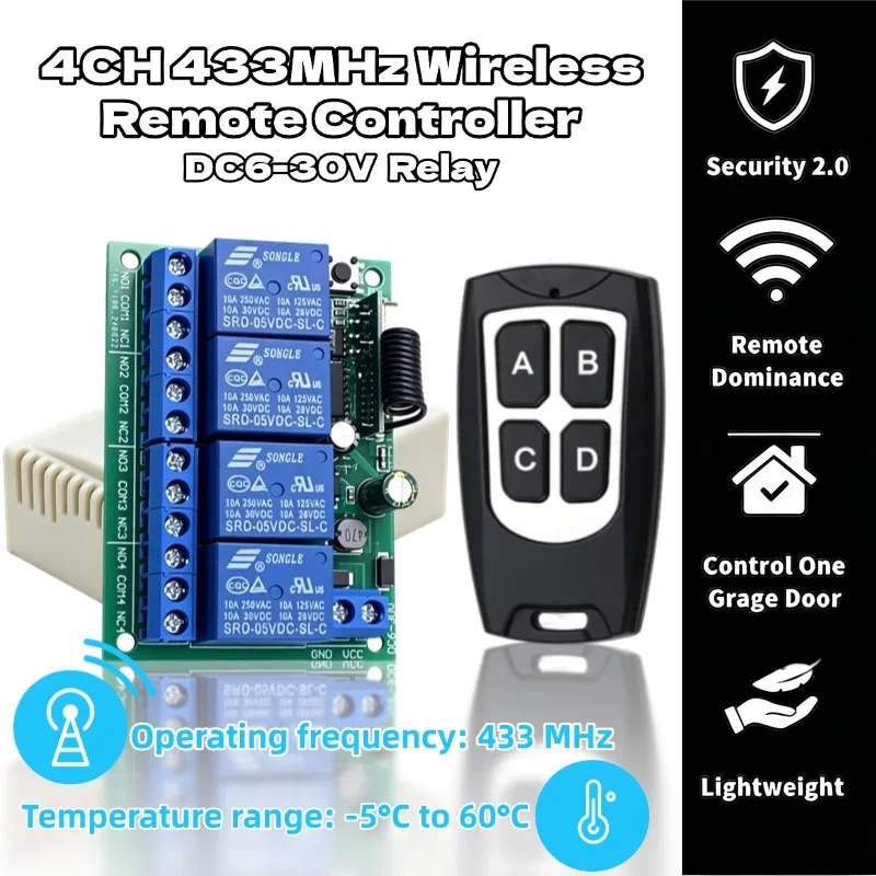 433MHz Universal Wireless Remote Control Switch DC 6V 12V 24V 10A RF Receiver,50m Transmitter,for Garage Door Motor Lamp DIY