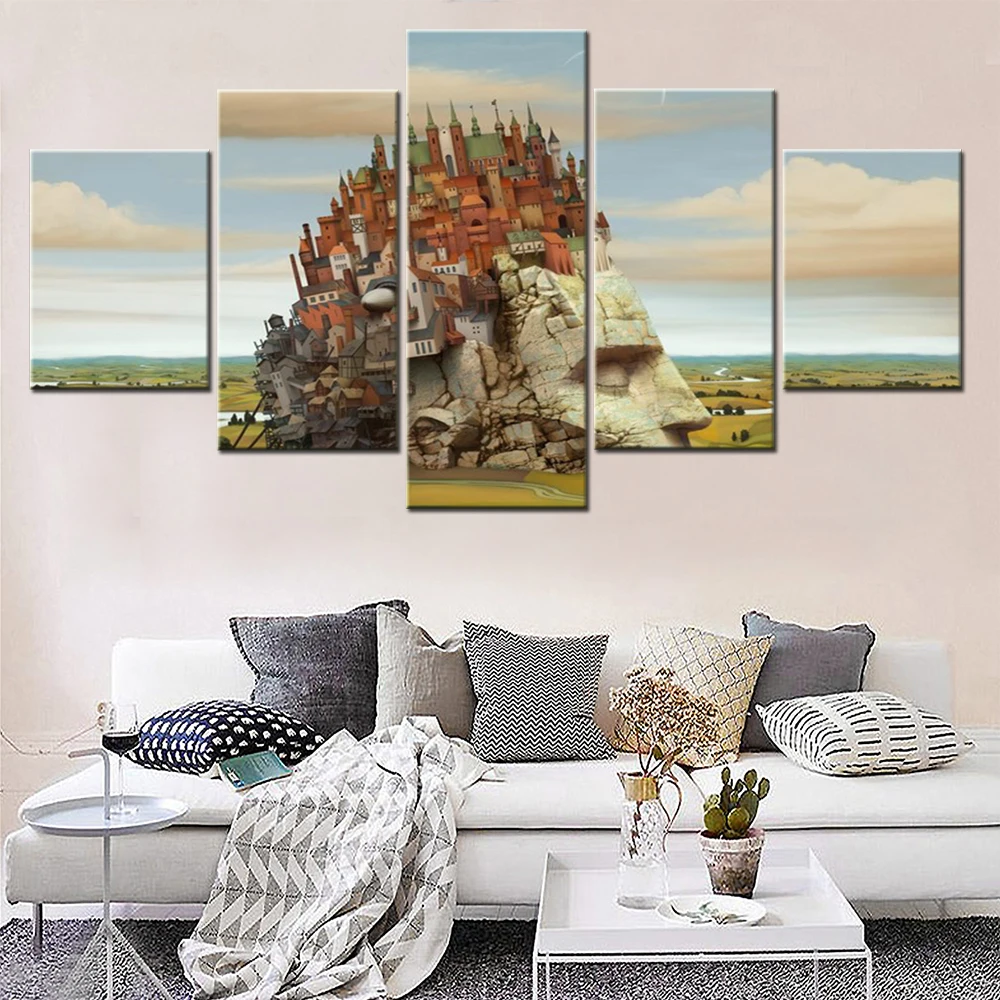 

5 Piece Canvas Wall Art Landscape Poster Painting Artwork Surreal Castle Statue Field House Home Decor Picture Print Living Room