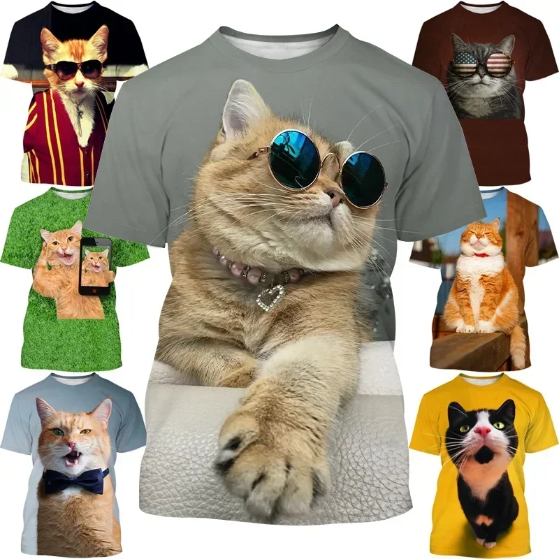 

Summer Men's and Women's Short-sleeved Street Fashion Top New Cool Pet Cat 3D Printing Funny Cat Cool Round Neck T-shirt