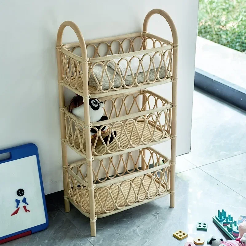 Natural Rattan Woven Children's Room Rack Living Room Landing Display Cabinet Nordic Book Shelf Versatile Practical Book Rack