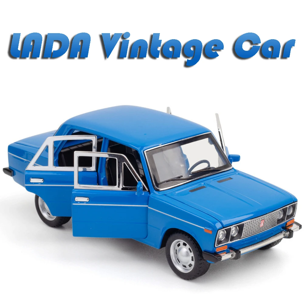 

1:24 Lada, миниатюрная винтажная модель автомобиля, игрушка из сплава, литой под давлением звук, свет, открытая дверь, резиновые шины, откатные детские интерактивные игрушки