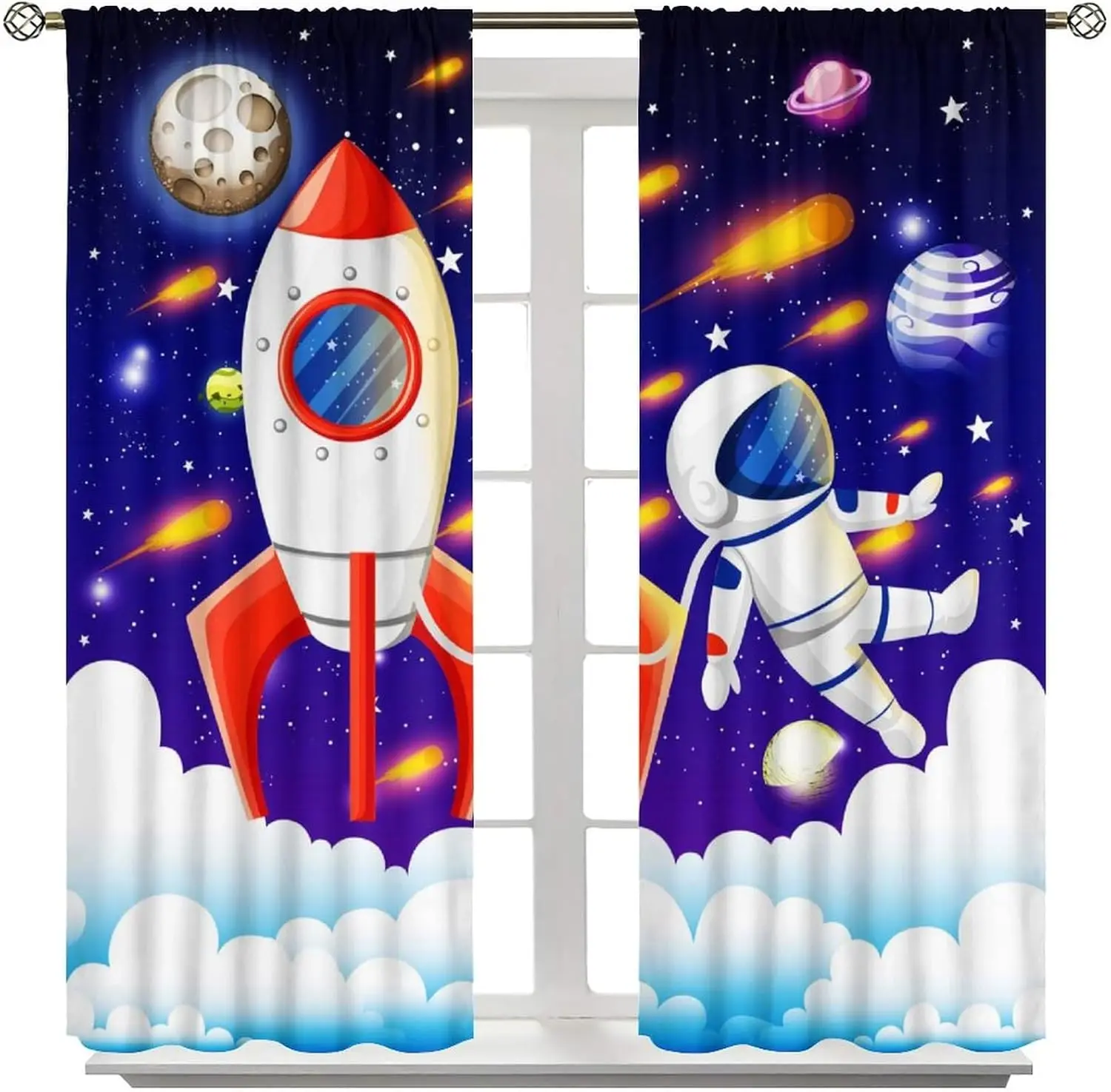 Astronaut Rocket Curtain for Kids,Cartoon Space Fantasy Universe Solar System Meteorite Planet Earth Galaxy Stars Window