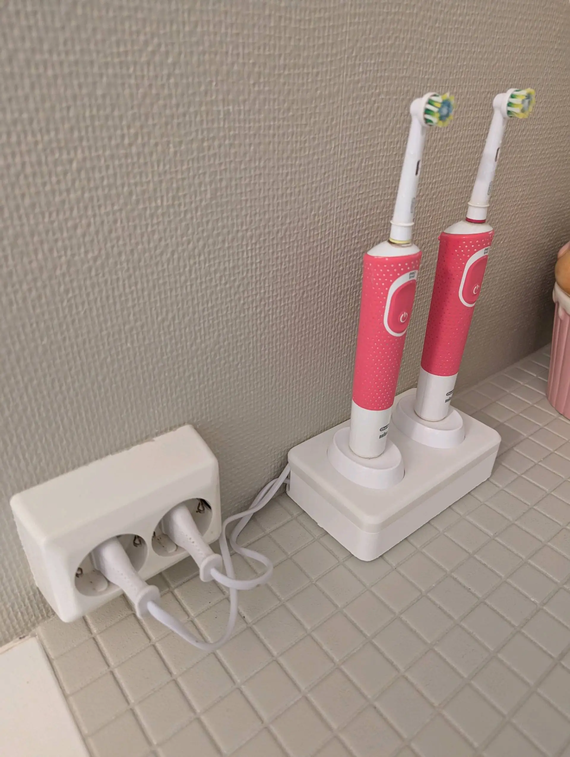 3D Printed Dual Toothbrush Charging Station Holder Organizes Two Chargers At Once Sleek Countertop Design For Bathroom