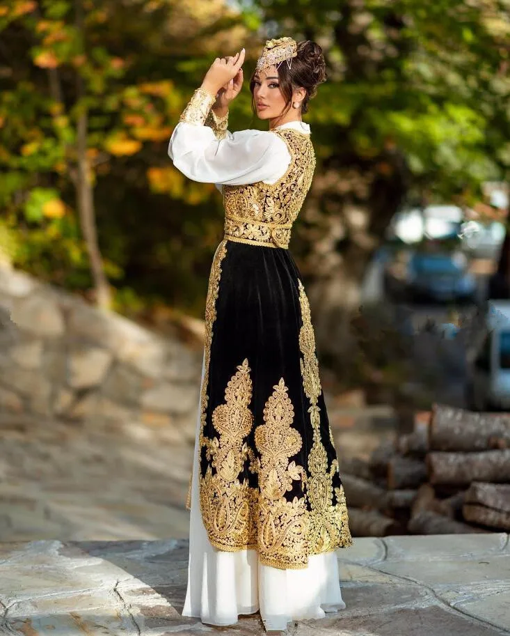 White Black Arabic Caftan Prom Dresses with Velvet Jacket Gold Lace Applique Karakou Algerien Evening Reception Gown for Women