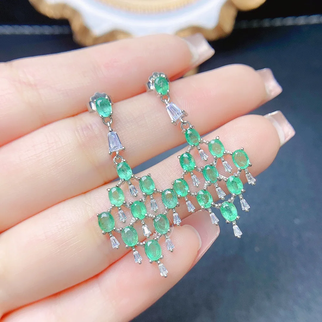Natural 3*4mm Oval Emerald Drop Earrings S925 Silver Inlaid Sparkling Taper Crystal Tassel Vintage Banquet Jewelry For Women