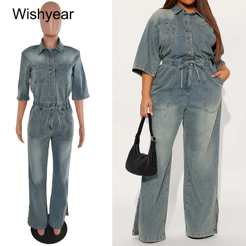 

Винтажные светло-голубые джинсовые комбинезоны для женщин с эластичным поясом на шнурке, свободные джинсовые комбинезоны в уличном стиле