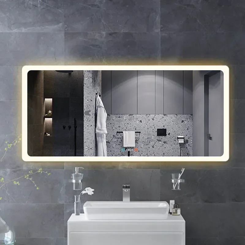 Cheap And Fine Modern Style Rectangular Time Display Mirror Bathroom Customized LED Backlit Defogger Smart MirrorHot Sales