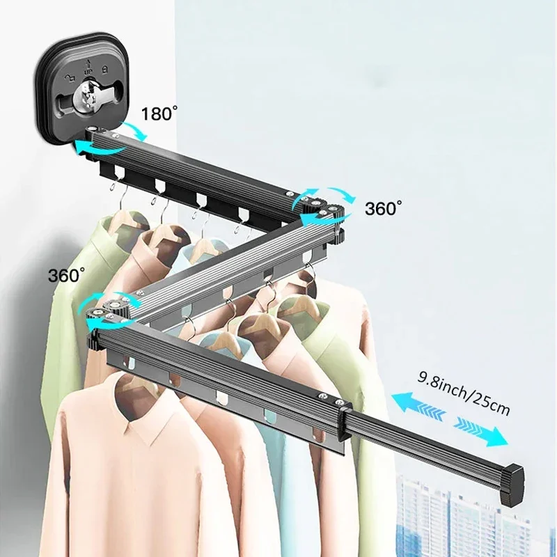 Retractable Clothes Drying Rack with Suction Cup 3-Fold Clothes Laundry Hanger with Extension Pole Reusable Wall Laundry Drying