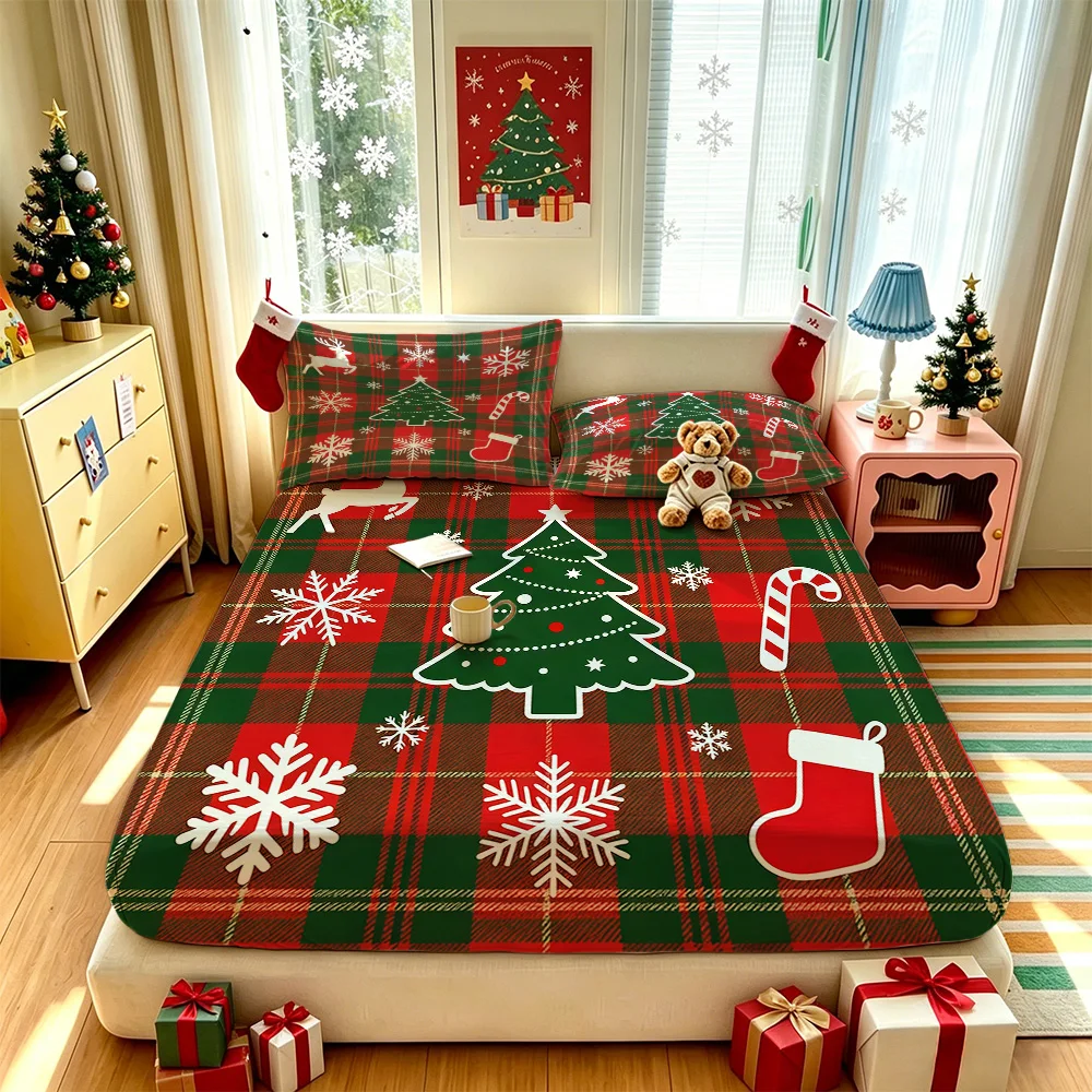 3PCS Plaid Reindeer Pine Tree Snowflake Bedding Set 1 Bedspread 2 Pillowcases No Insert Soft Machine Washable Christmas Bedro