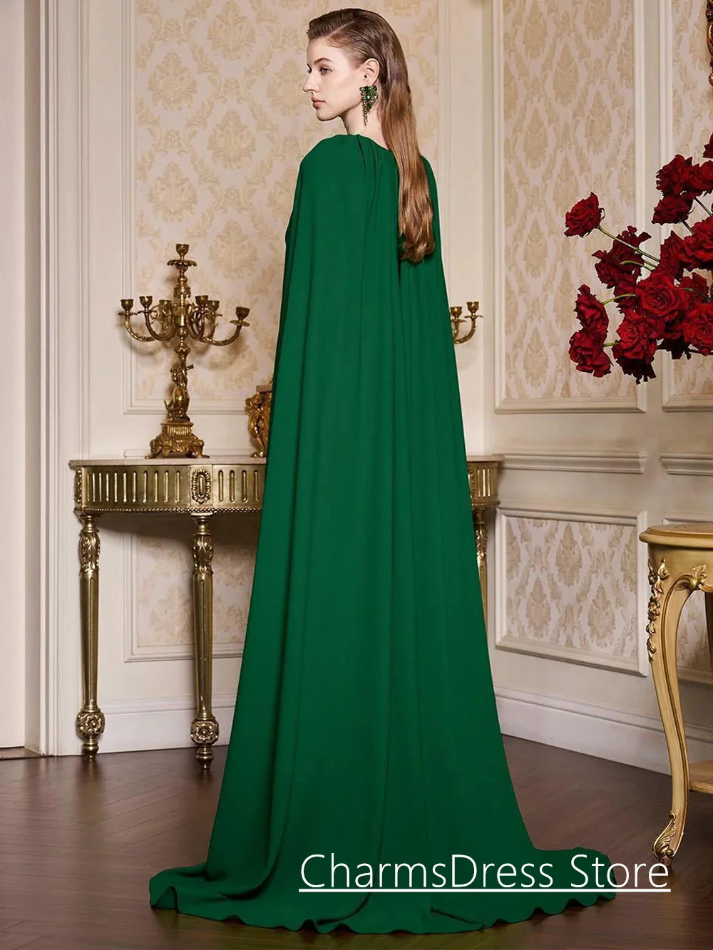 Robe de Soirée Verte Arabe Personnalisée avec Cape, Perles de Bijou, Clip, Tenue de Bal de Mariage, Nouvelle Collection