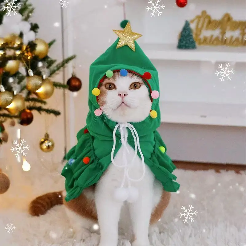 Vestito natalizio per gatti Mantello verde per animali domestici con cappello Pompon a stella Mantello per cuccioli Vestiti Albero Elfo Costumi Forniture per animali domestici per feste Accessori