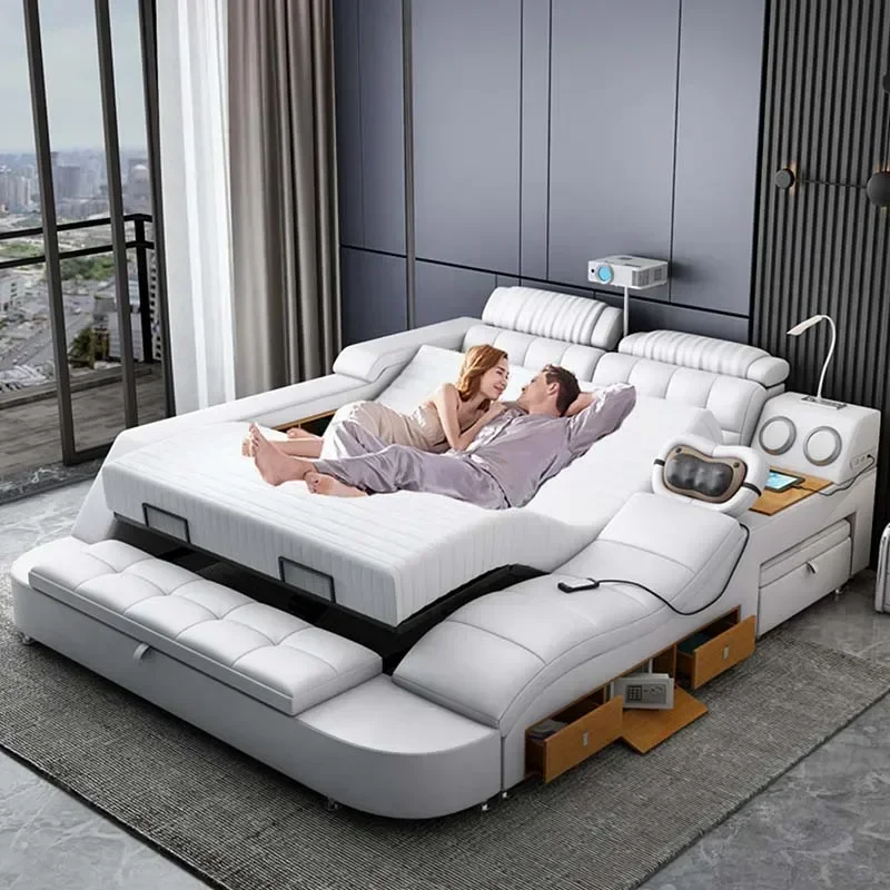 

Luxury Adjustable Bed Leather Massager Bluetooth Comferter Modern Bed Storage Electric Lit Multifonctionnel Bedroom Furniture