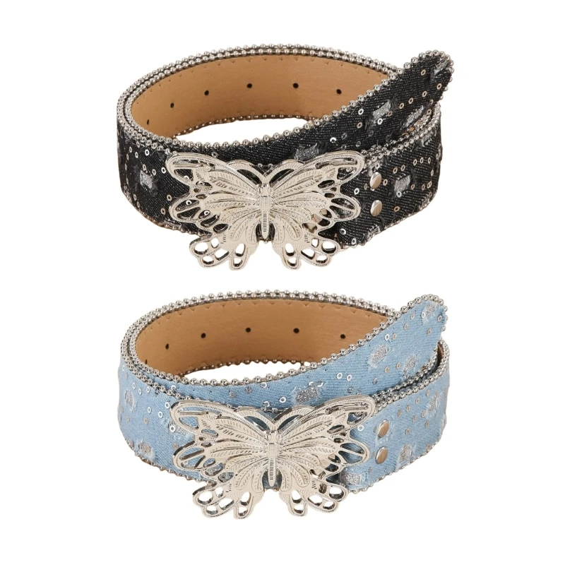 652F Blingbling Butterfly Rocker Belt Jean Belt Waist Costumes Sequins Beaded Heavy Duty for Jeans Pants