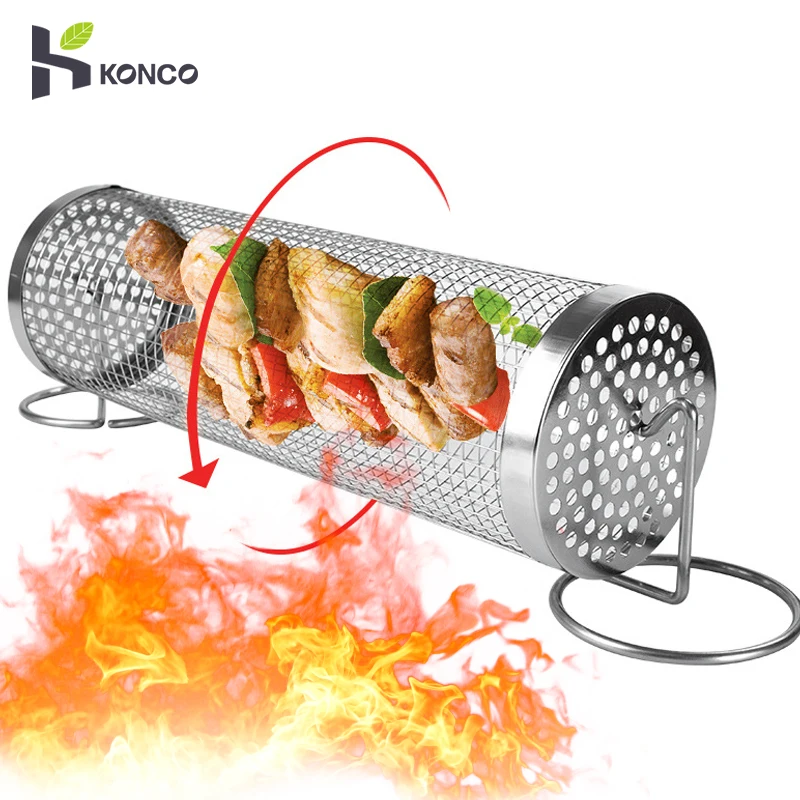 Grill Basket Rolling Grilling Basket Camping Barbecue Rack Stainless Steel Round Grill Mesh Picnic Camping BBQ Tools