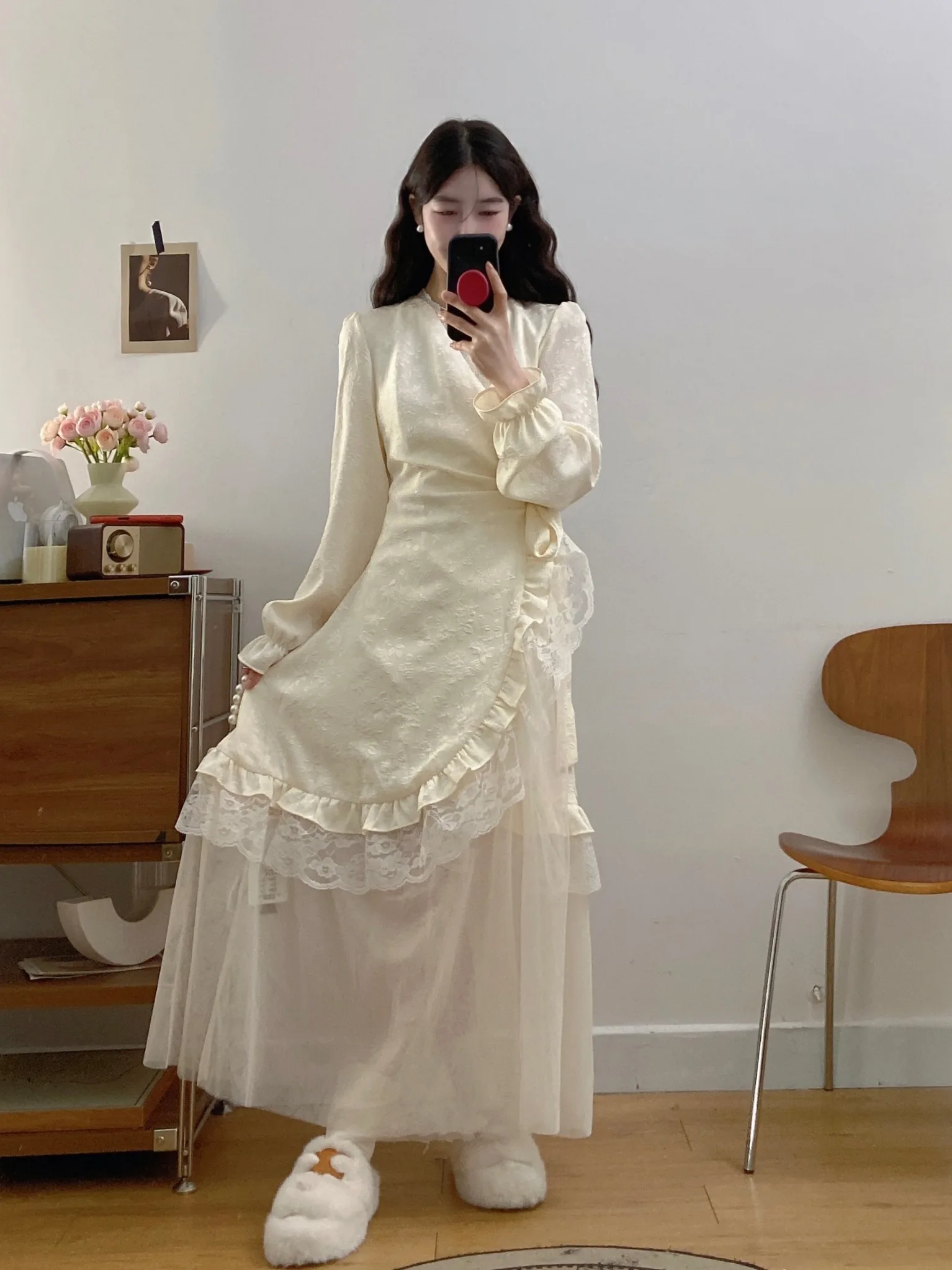 

Женская длинная юбка больших размеров с кружевной отделкой и завязками, осенняя новинка, с завышенной талией, в корейском стиле, для офиса и повседневной носки