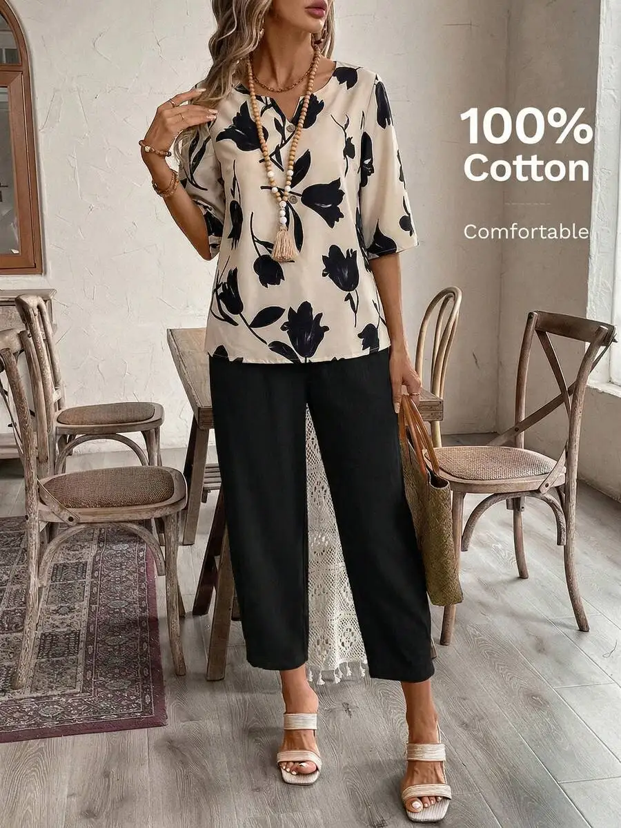 

Womens Floral V-Neck Top And Cropped Pants Set Casual Vacation Outfit