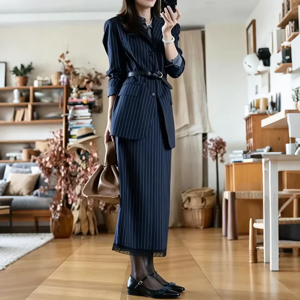 Elegant Women Navy Striped Suit Single Breasted Blazer Midi Skirt 2 Piece Set Formal Office Business Romantic Work Outfit