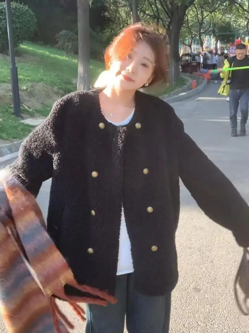 

Женское утепленное пальто из овечьего бархата, свободного кроя, с двойным рядом пуговиц, теплое, однотонное, винтажное, из полиэфирного волокна