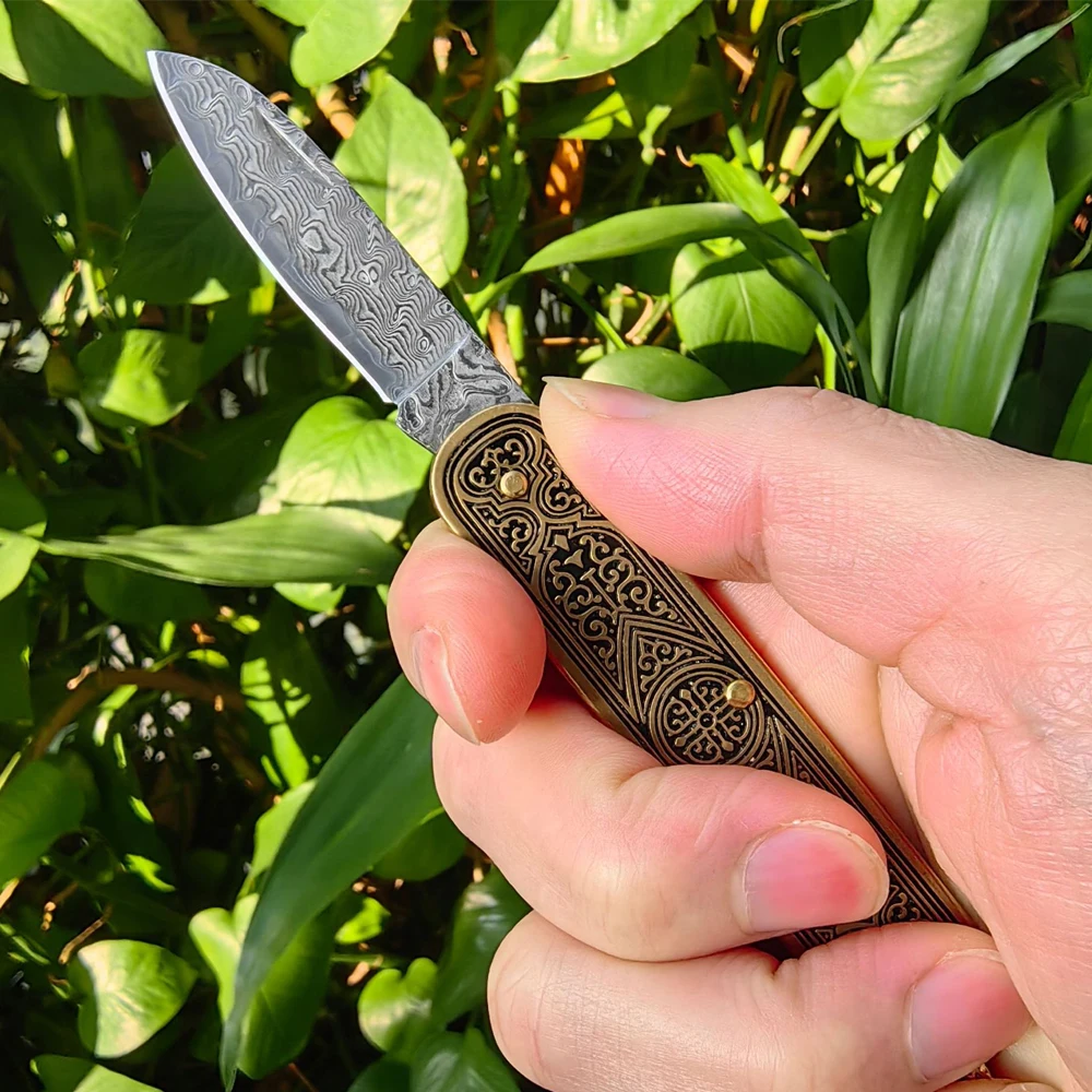 Multifunctional Damascus Keychain Pocket Knife For Everyday Carry EDC Mini Box Cutter Compact Lightweight Survival Folding Knife