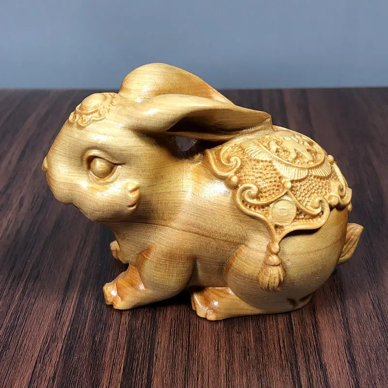 

Thuja Wood Carving Fucai Rabbit Ornaments Solid Wood Head Twelve Zodiac White Rabbit Home Living Room Decoration Craft Gift