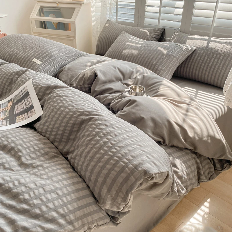 

Ins Princess Bedding Set Wash Cotton Solid Color Seersucker Soft 2025 New постельное белье Bed Sheets Set 4pcs 1-2 Pillowcase