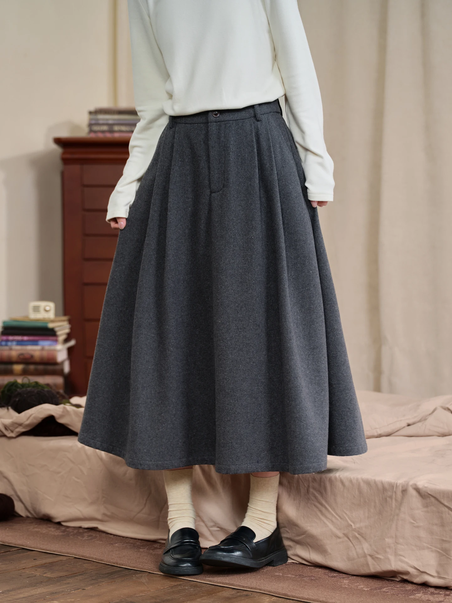 Original Mélange Wool Blend Grey Tweed A-Line Skirt Women's Winter Fashionable Half-length Skirts Casual Style Elastic Waist