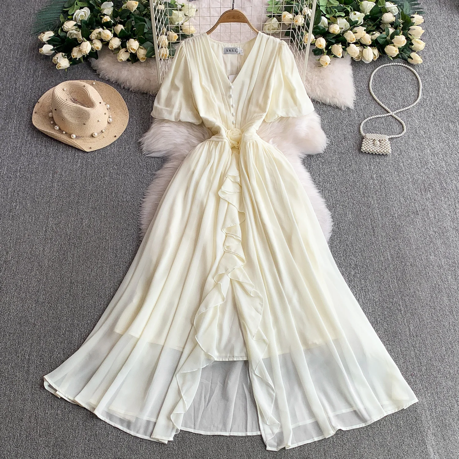 

2025 Summer V-neck Short-sleeve Dress Women Three-dimensional Flowers Waist Slimming Slit Ruffle Beach Long Dress Boho Vestidos
