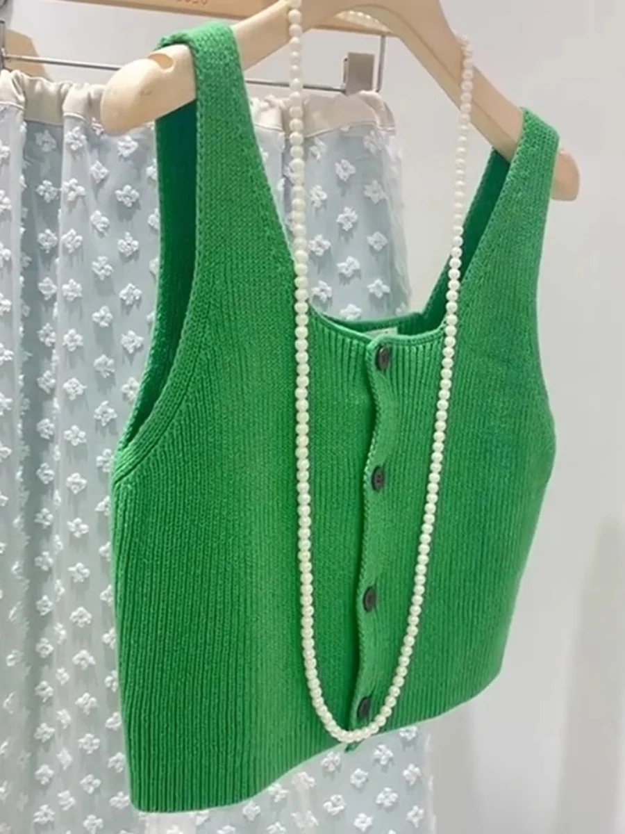 

Stylish Green Knitted Sweater Vest Women's Sleeveless Versatile Frock 2024 Early Spring Age-Defying Trendy Base Layer Top