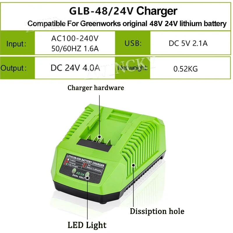 For Greenworks 48V/24V Li-ion Battery Charger Replacement EU/US/UK/AU Plug Power Tool Charger With USB and Led Indicator