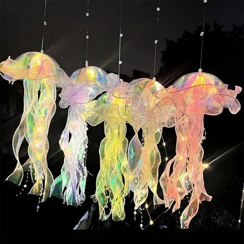 해파리 침실 조명 램프, 단추 배터리 걸이식 천장 랜턴, 리본 및 구슬, 어린이 침실용 LED 전구