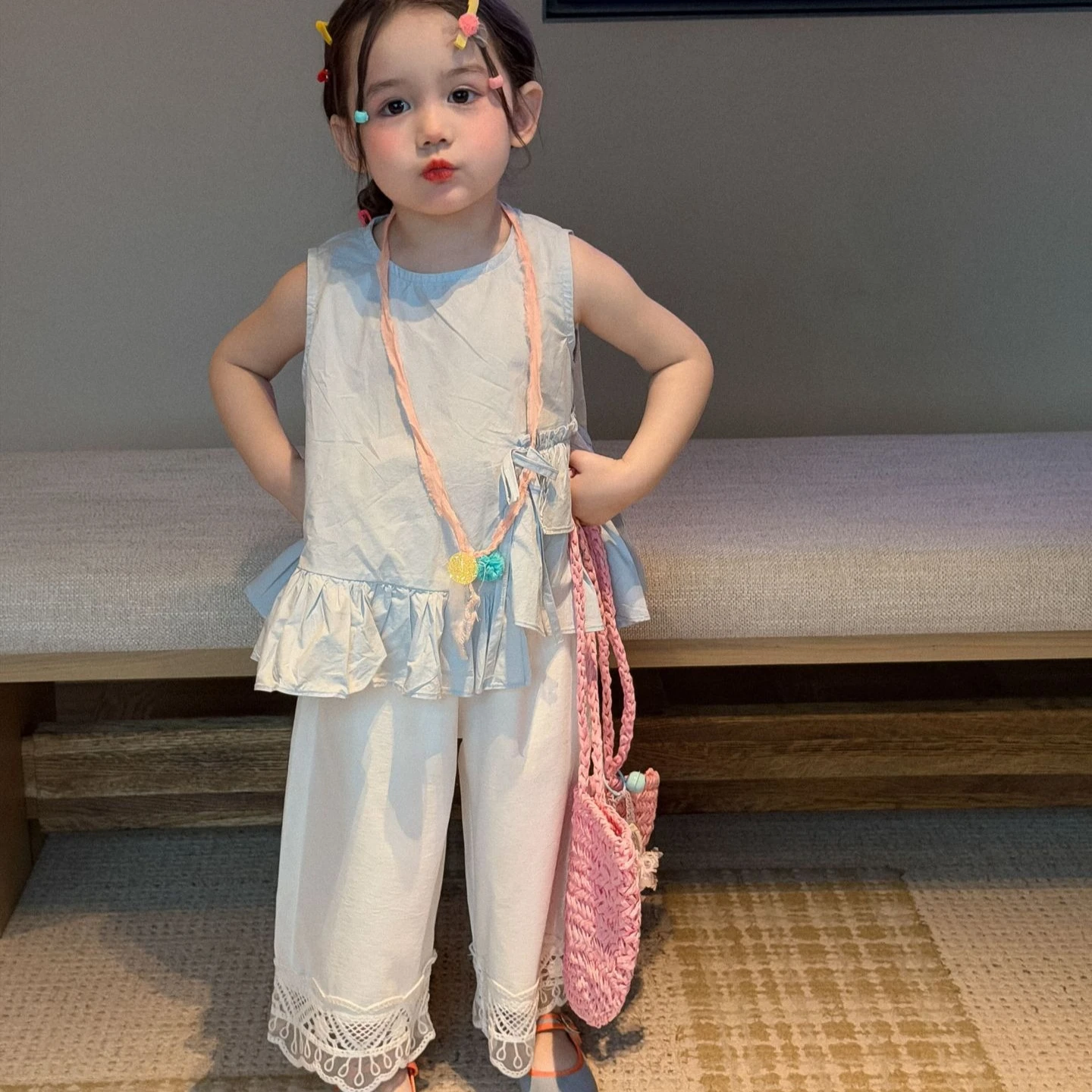 

Girls Suit 2026 Spring/summer New Childrens Clothing Korean Girls Baby Unisex Design Sleeveless Shirt Cotton Pants Two-piece Set