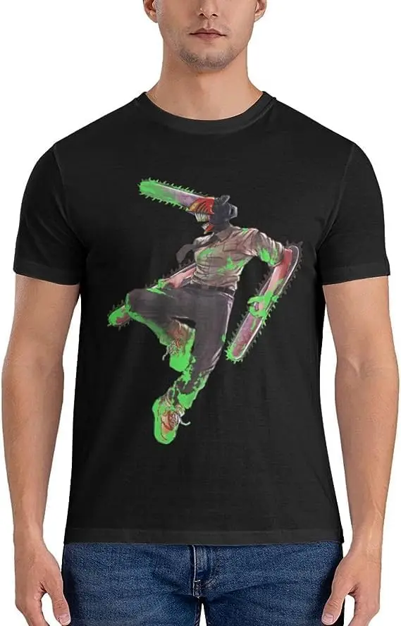 Chainsaw Anime Man Shirt Men's Breathable Custom Cotton Short Sleeve Tshirt Fashion Casual Tops Tees Black
