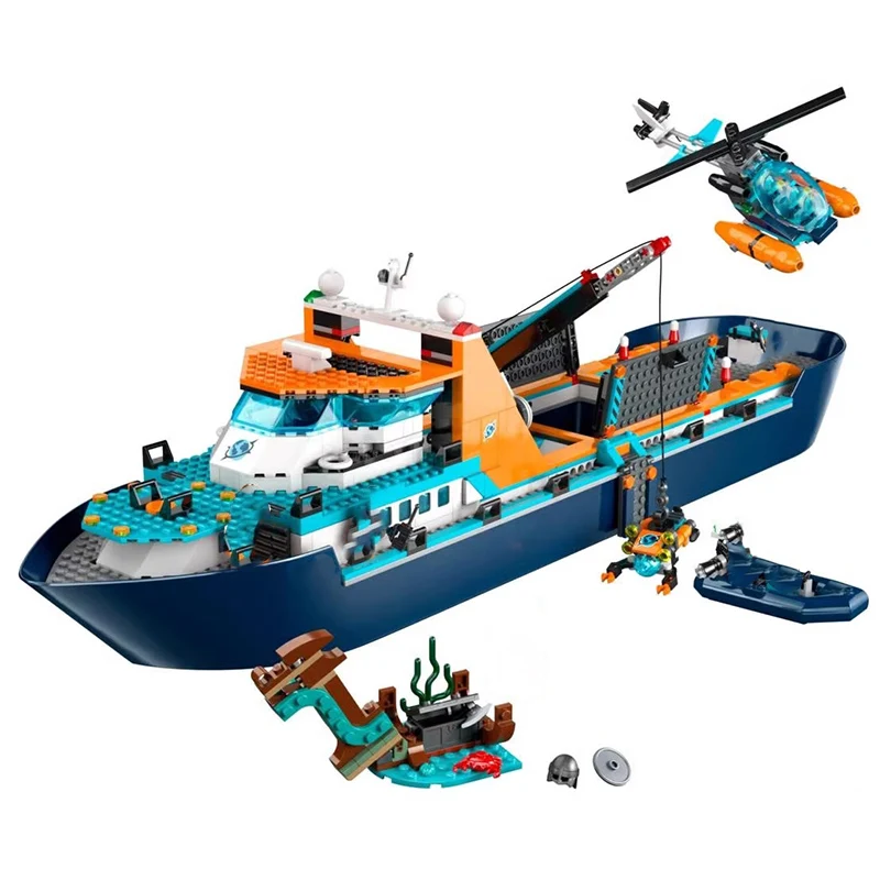 Arctic Explorer Ship Compatible 60368 Building Block Toys Floatable Boat Helicopter ROV Sub Orca Bricks Gifts Birthday Party Gir