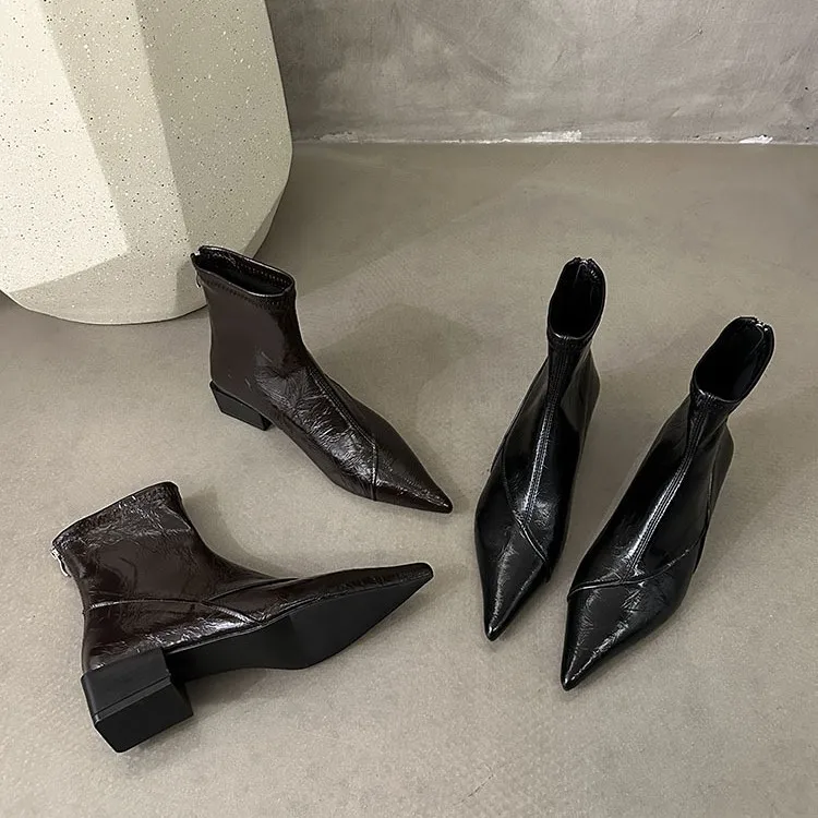 Leather version pointed short boots 2026 autumn new boots, thick heel short leg women's boots