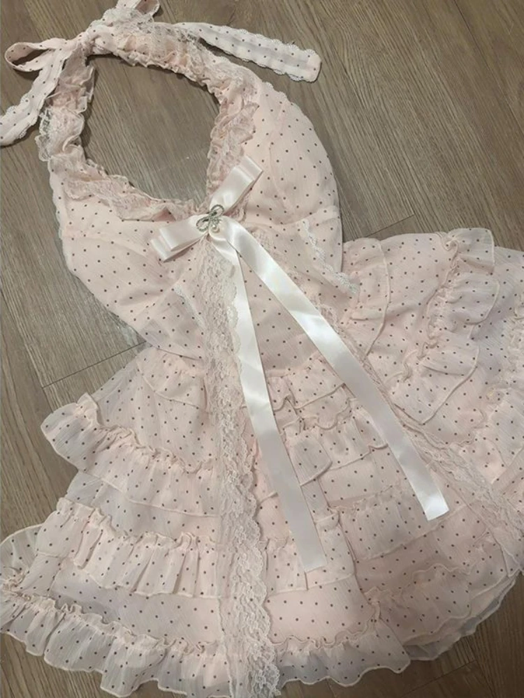 

Women Sweet Mini Dress Halter Neck Polka Dot Ruffle Bow Lace Trim Slim Fit Suit Kawaii Lolita Style Summer Cute Girl Outfit 2025