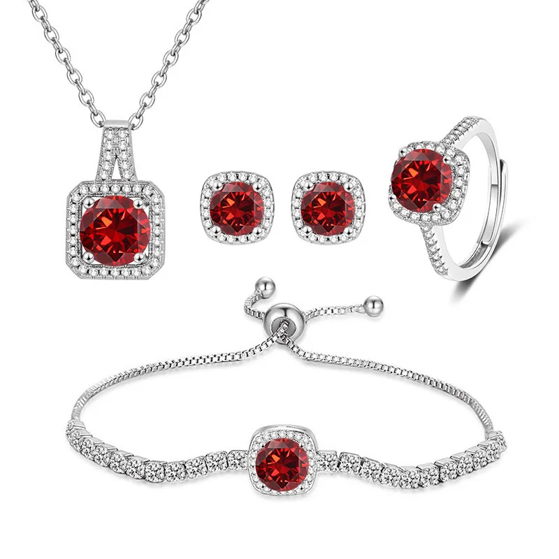 925 Sterling Silver 4Pcs CZ Jewelry Set, Square Halo Pendant Necklace Earrings Ring Pull Bracelet, Wedding Jewelry for Women